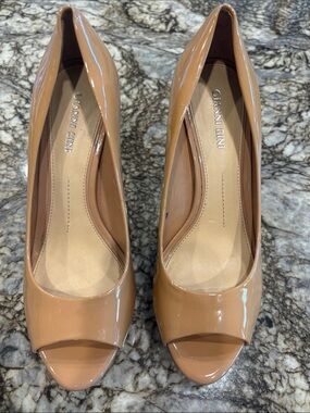 Gianni Bini Tan Patent Peep-Toe Heels